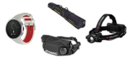 Tillbehör - vätskebälte, pulsklocka, pannlampa och skidfodral