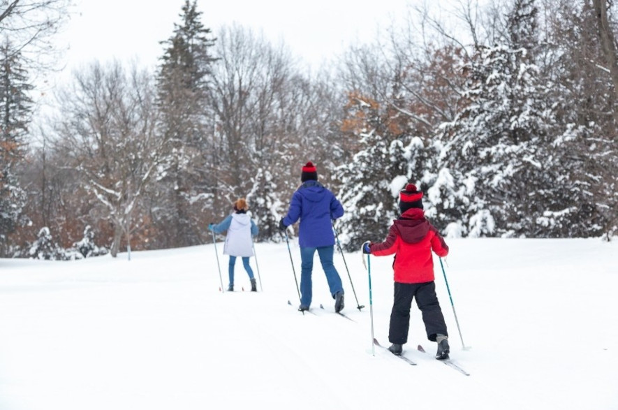 Tre barn åker skidor i skogen